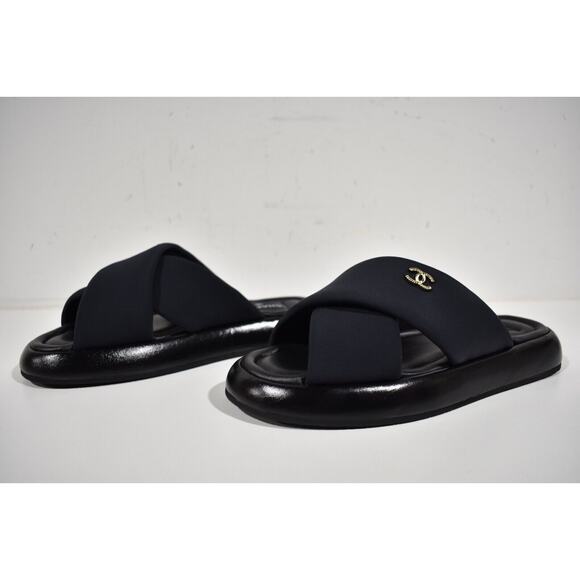 Chanel REV Black Fabric Criss Cross Puffy CC Logo Slide Mule Sandal Flop Flat 36 - Picture 10 of 12